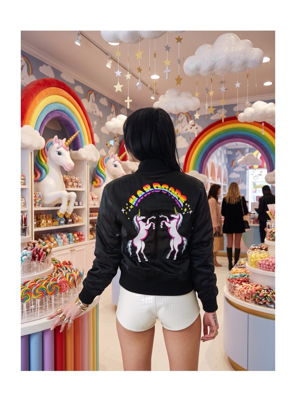Rare: UNIF 𖤐 Make Believe Hardcore Unicorn Bomber Jacket 𖤐 Black Satin 𖤐 M